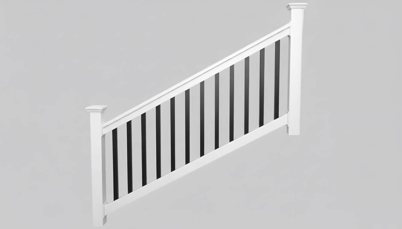 6 ft Stair Rail White Vinyl with black aluminum round pickets. (kit 1)