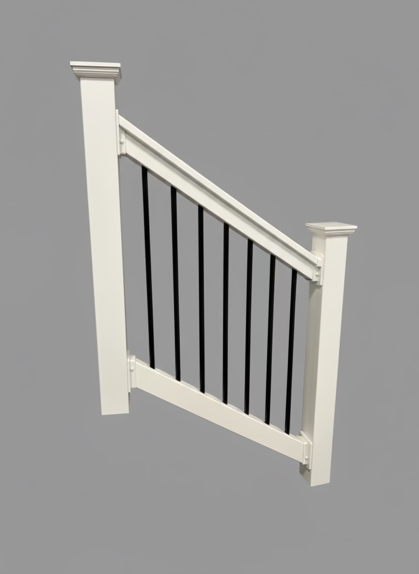 6 ft Stair Rail White Vinyl with black aluminum round pickets. (kit 1)