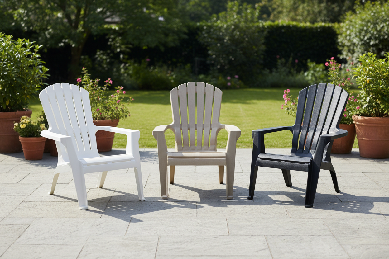 from view and with white, sand and black chairs, no table